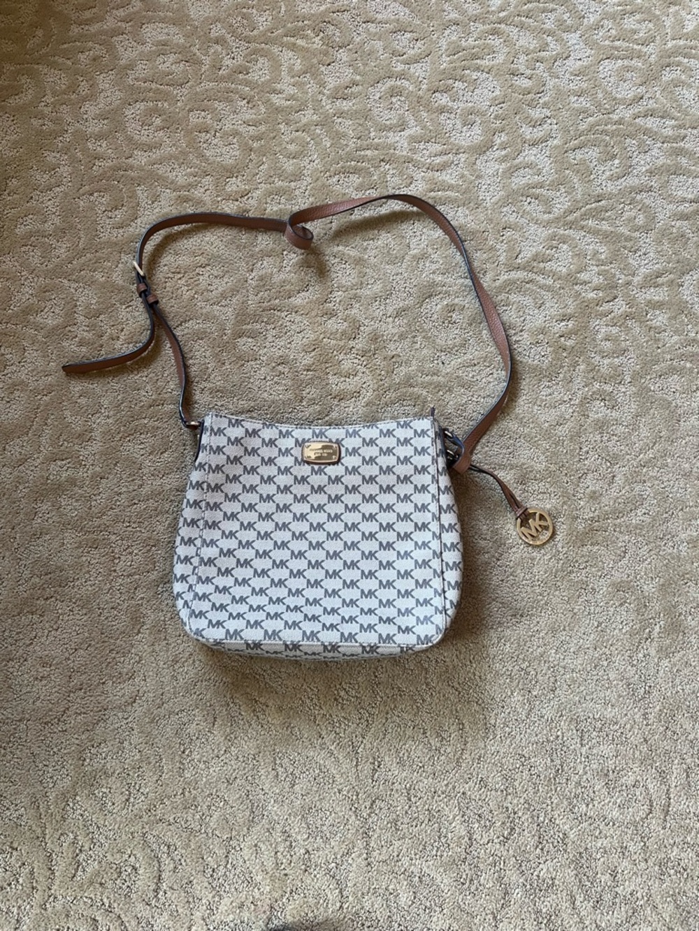 Michael Kors White MK Logo Crossbody with Brown Strap and Gold Charm